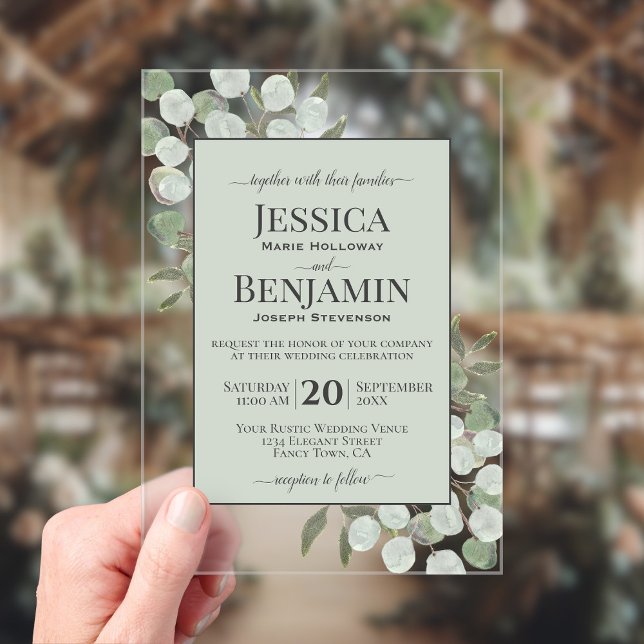 Rustic Eucalyptus & Greenery Stylish Text Wedding Acryleinladungen (Clear Acrylic with Rectangle Cut)