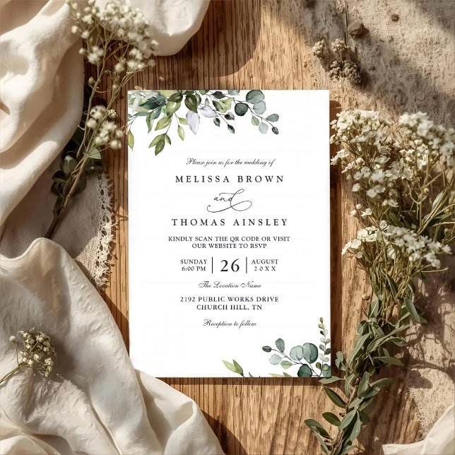 Rustic Eucalyptus Leaves Greenery QR Code Wedding Einladung (Von Creator hochgeladen)