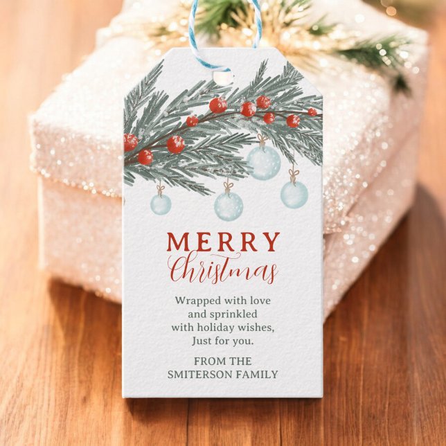 Rustic Evergreen Branch Red Berry Frohe Weihnachte Geschenkanhänger (Rustic Evergreen Branch Red Berry Merry Christmas Gift Tags)