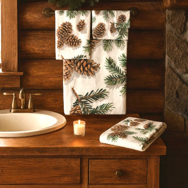 Rustic Evergreen Forest  Badhandtuch Set (Cozy cabin evergreen and pinecone bathroom towels. Buy set or separates. )