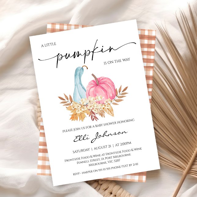 Rustic Fall Blue Pink Pumpkin Baby Dusche Einladung (Fall Little Pumpkin Baby Shower Invitation, Blue Pink Pumpkin Baby Shower Invite, Autumn Baby )