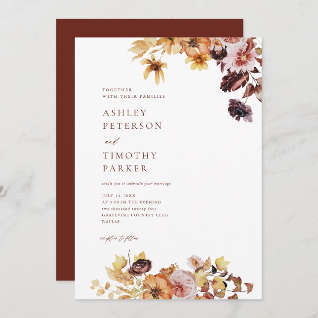 Rustic Fall Boho Floral Wedding Einladung (Vorne/Hinten)
