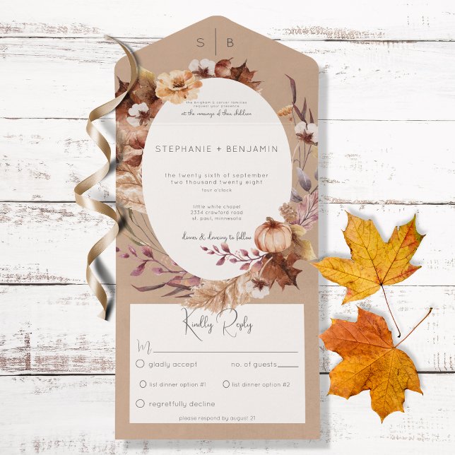 Rustic Fall Brown Floral & Blätter Abendessen All In One Einladung (Von Creator hochgeladen)