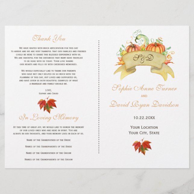 Rustic Fall Erntedank Pumpkins Hochzeitsprogramm (Vorne)