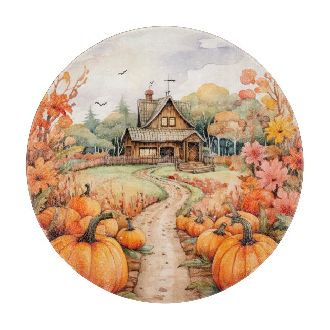 RUSTIC FALL FARMHOUSE WITH AUTUMN PUMPKINS SCHNEIDEBRETT (Vorderseite)