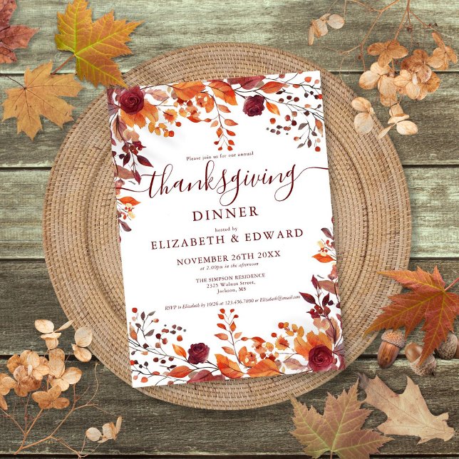 Rustic Fall Floral Blätter Erntedank Einladung (Rustic Fall Floral Pumpkin Thanksgiving Invitation)