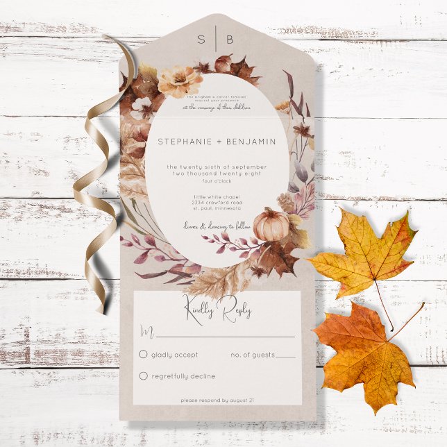 Rustic Fall Floral & Blätter Kein Abendessen All In One Einladung (Von Creator hochgeladen)