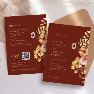 Rustic Fall Floral Boho Maroon Wedding QR Einladung