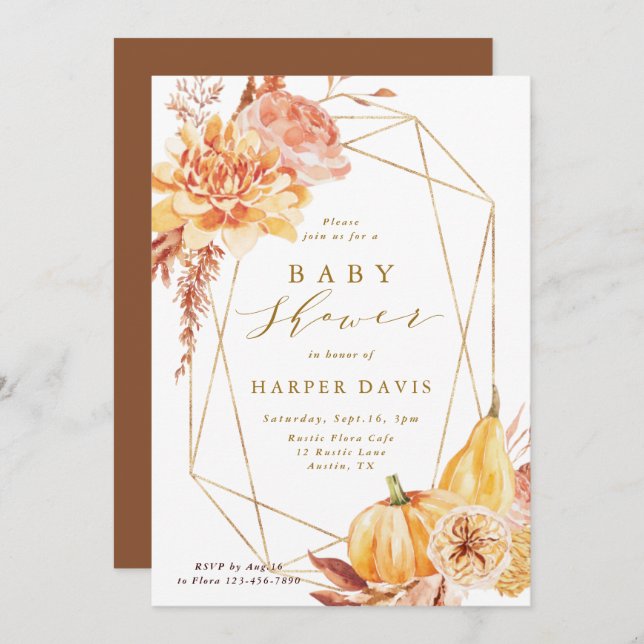 Rustic Fall Floral Gold Geometric Baby Dusche Einladung (Vorne/Hinten)