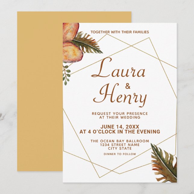 Rustic Fall Floral Gold Rahmen Hochzeitsempfehlung Einladung (Vorne/Hinten)