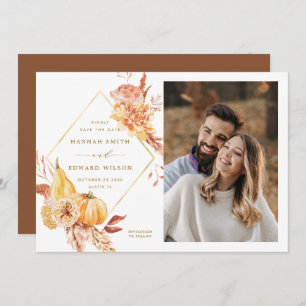 Rustic Fall Floral Pumpkin Hochzeit Foto Gold Save The Date