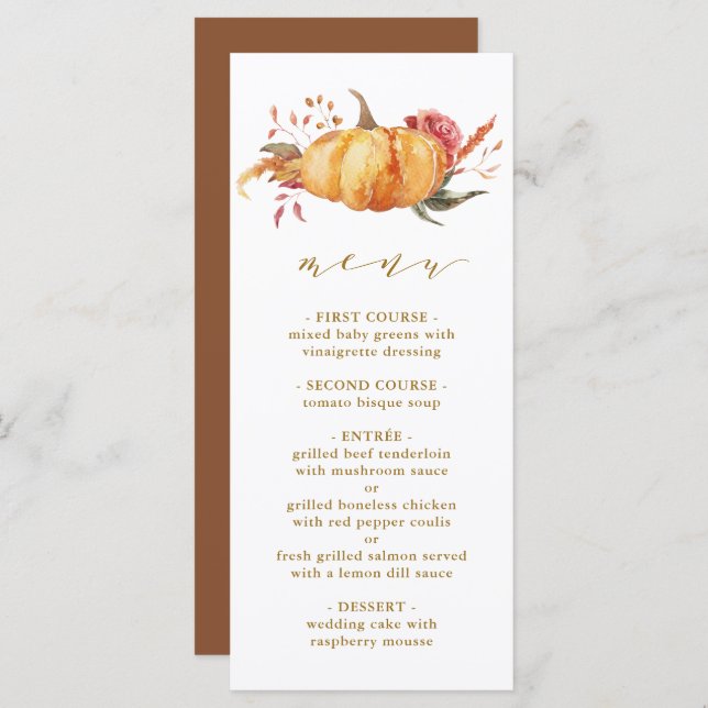 Rustic Fall Floral Pumpkin Hochzeit Gold Script Menükarte (Vorne/Hinten)