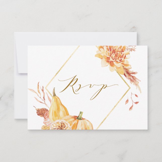 Rustic Fall Floral Pumpkin Hochzeit Gold Script RSVP Karte (Vorderseite)