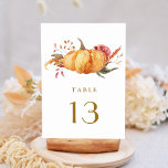 Rustic Fall Floral Pumpkin Hochzeit Gold Script Tischnummer<br><div class="desc">Diese Tischnummer bietet rustikale Aquarellfarben-Blume und Kürbisse in gebrannten Orange,  Gold,  Terrakotta,  Bordeaux,  Rot mit beige und braunen Pampas Gras. Für eine erweiterte Anpassung dieses Designs klicken Sie bitte auf den Link "Weitere Anpassung". Matching-Elemente sind ebenfalls verfügbar.</div>