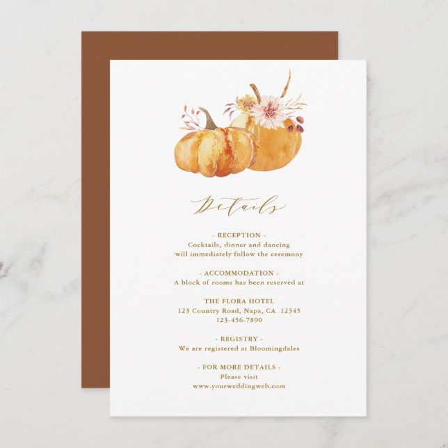Rustic Fall Floral Pumpkin Hochzeitsdetails Gold Begleitkarte (Vorne/Hinten)