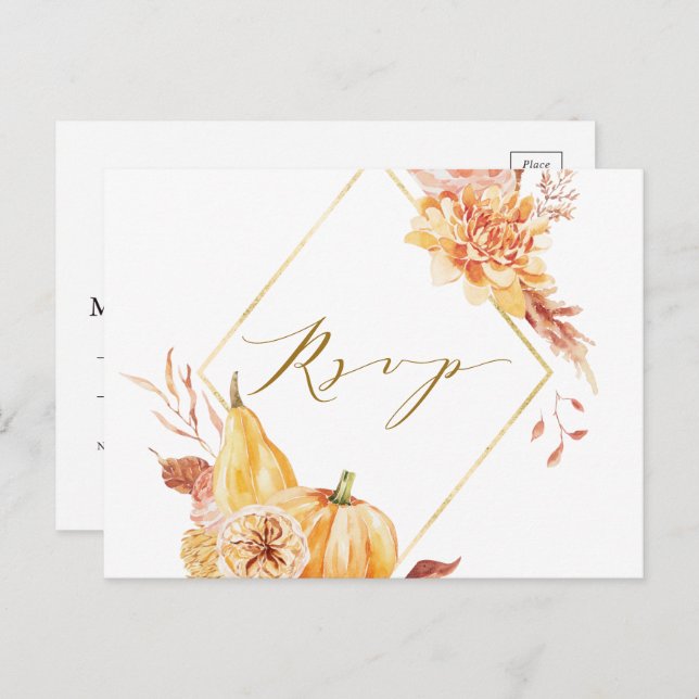 Rustic Fall Floral Pumpkin Wedding Gold UAWG Postkarte (Vorne/Hinten)