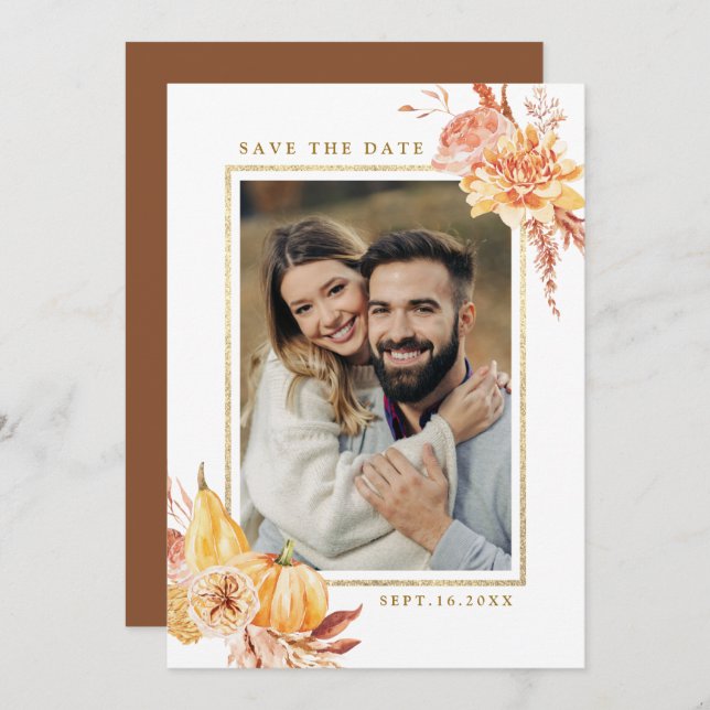 Rustic Fall Floral Wedding Gold Frame Foto Save The Date (Vorne/Hinten)