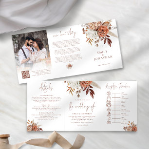 Rustic Fall Florals Foto QR Code Timeline Hochzeit Dreifach Gefaltete Einladung