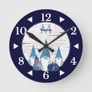 Rustic Fall Gnome Navy n Dusty Blue pumpkin Runde Wanduhr