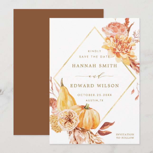 Rustic Fall Gold Floral Orange Pumpkin Wedding Save The Date (Vorne/Hinten)