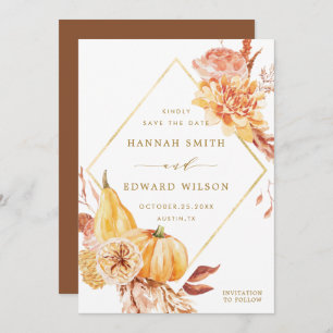Rustic Fall Gold Floral Orange Pumpkin Wedding Save The Date
