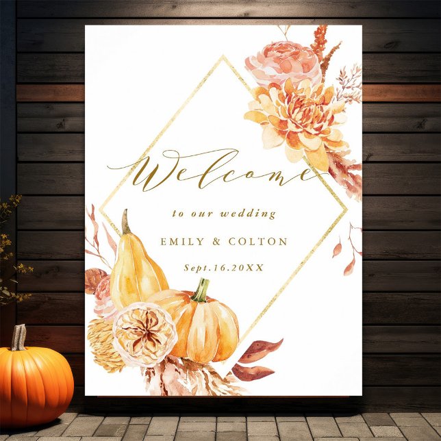 Rustic Fall Gold Floral Pumpkin Hochzeit Willkomme Poster (Von Creator hochgeladen)