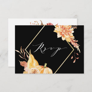 Rustic Fall Gold Floral Pumpkin Wedding Black RSVP Karte