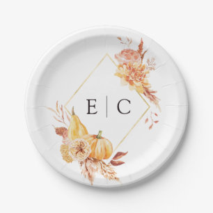 Rustic Fall Gold Floral Pumpkin Wedding Monogram Pappteller