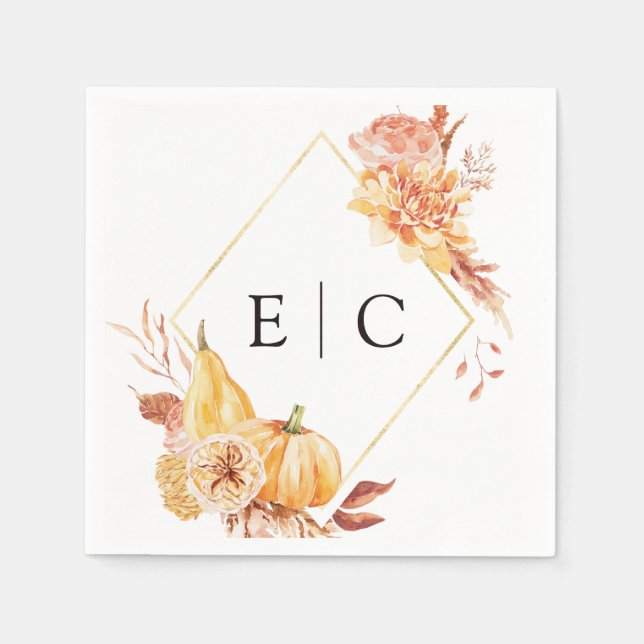 Rustic Fall Gold Floral Pumpkin Wedding Monogram Serviette (Vorderseite)