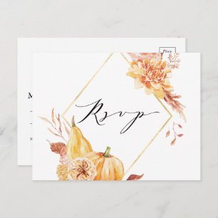 Rustic Fall Gold Floral Pumpkin Wedding RSVP Postkarte