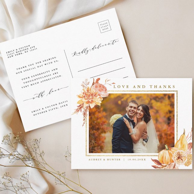 Rustic Fall Gold Floral Wedding Foto Vielen Dank Postkarte (Front & Back)