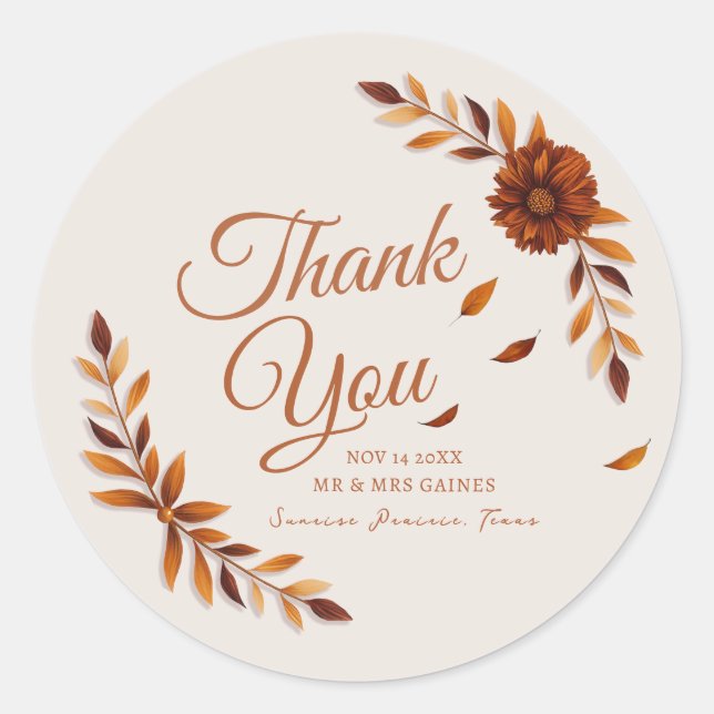 Rustic Fall Leaves Beige Wedding Thank You Runder Aufkleber (Vorderseite)