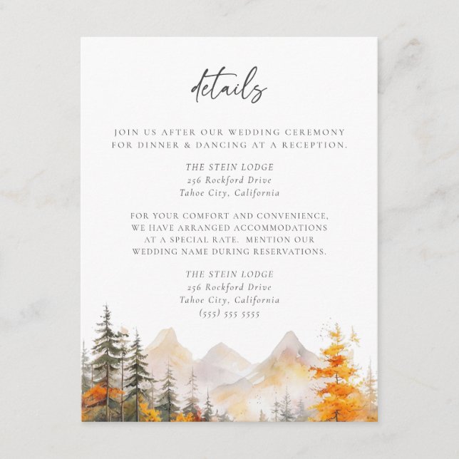 Rustic Fall Mountain Pine Forest Wedding Details Begleitkarte (Vorderseite)