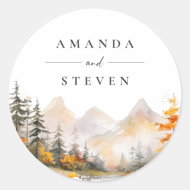 Rustic Fall Mountain Pine Forest Wedding Runder Aufkleber (Vorderseite)