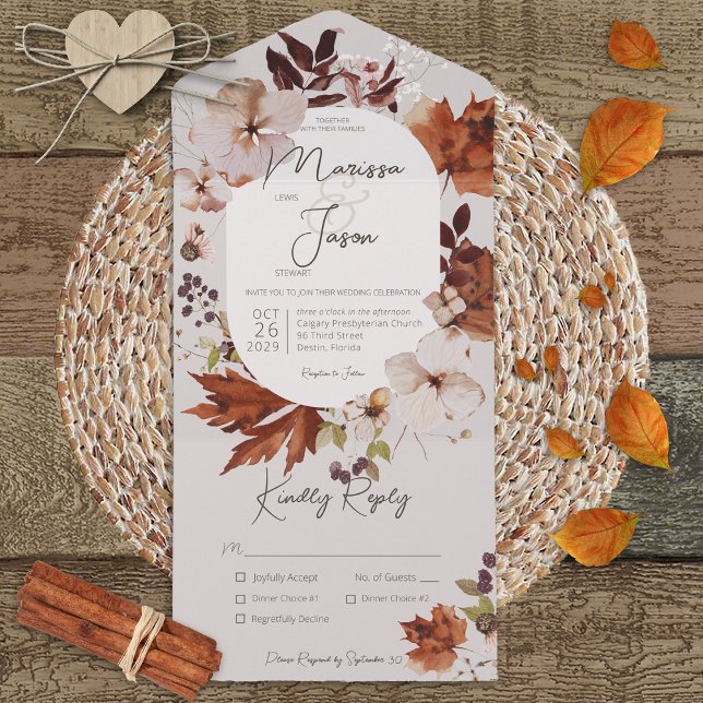 Rustic Fall Neutral Wreath Gray Dinner All In One Einladung (Also available with a QR code or without dinner selection options.)