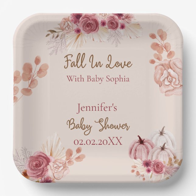 Rustic Fall Pink Pumpkin Fall In Love Baby Shower Pappteller (Vorderseite)