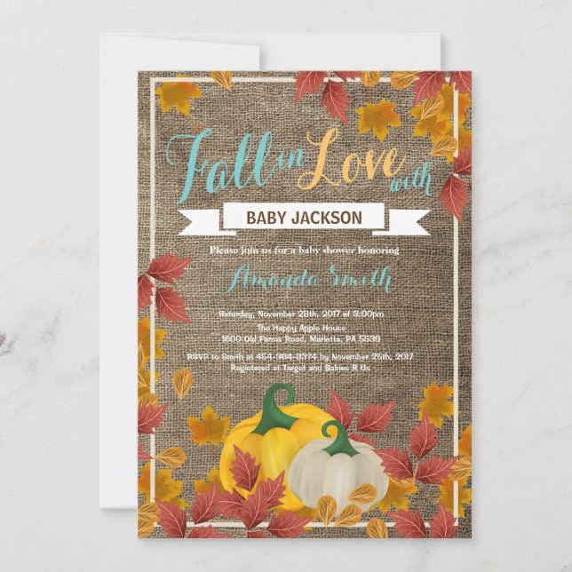 Rustic Fall Pumpkin Aqua Baby Dusche Einladung (Vorderseite)