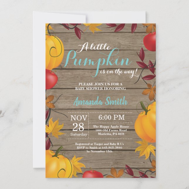 Rustic Fall Pumpkin Aqua Baby Dusche Einladung (Vorderseite)