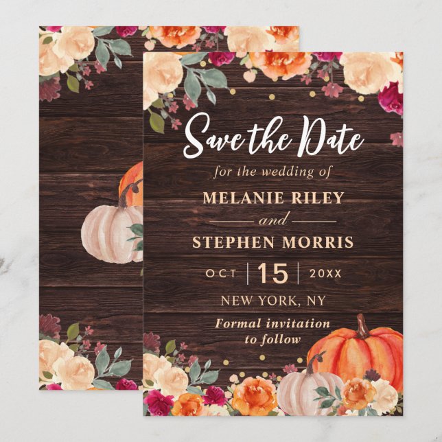 Rustic Fall Pumpkin Blütenhochzeit retten das Datu Save The Date (Vorne/Hinten)