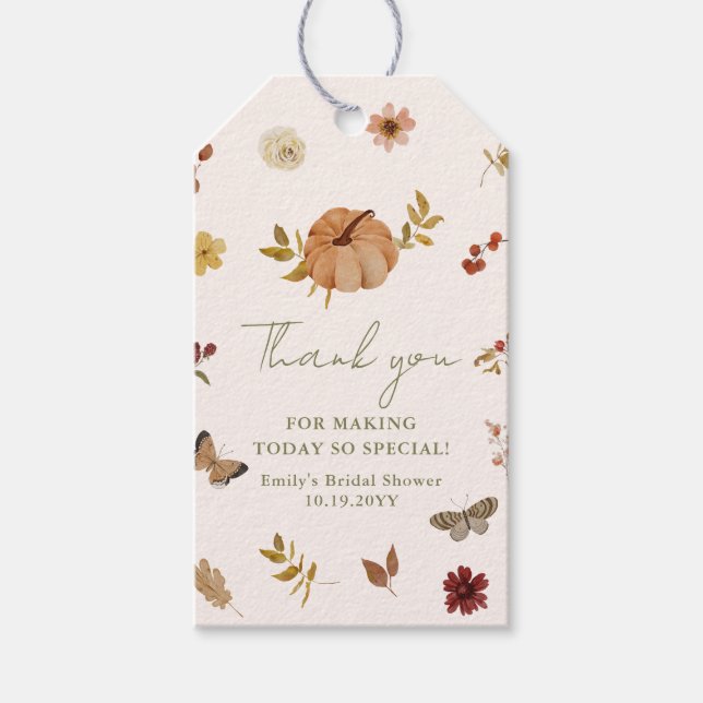 Rustic Fall Pumpkin Floral Bridal Shower Thank You Geschenkanhänger (Vorderseite)