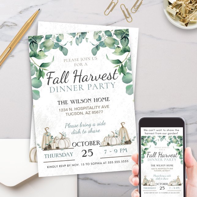 Rustic Fall Pumpkin Grüne Abendessen Party Einladung (Elegant Simple Rustic Charm Fall Autumn White Pumpkin Greenery Dinner Party Thanksgiving Invitation)