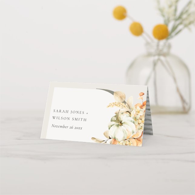 Rustic Fall Pumpkin Leafy Arch Floral Hochzeit Platzkarte (Vorderseite)