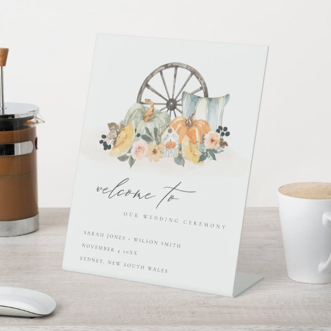 Rustic Fall Pumpkin Leafy Floral Wedding Willkomme Sockelschild (In SItu)