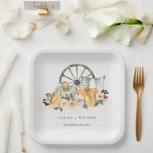 Rustic Fall Pumpkin Leafy Floral Wheel Wedding Pappteller