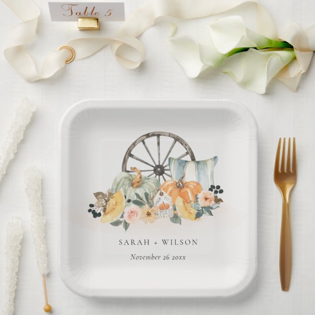 Rustic Fall Pumpkin Leafy Floral Wheel Wedding Pappteller (Hochzeit)