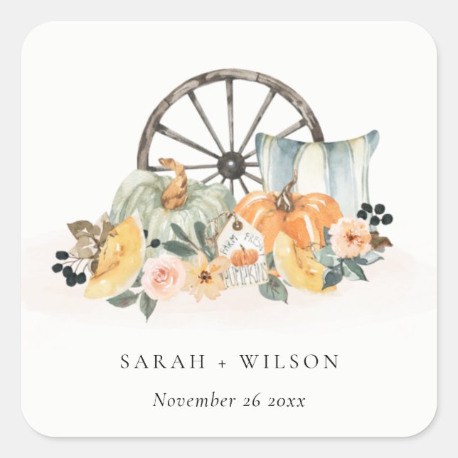 Rustic Fall Pumpkin Leafy Floral Wheel Wedding Quadratischer Aufkleber (Vorderseite)