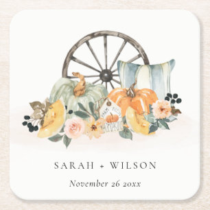 Rustic Fall Pumpkin Leafy Floral Wheel Wedding Rechteckiger Pappuntersetzer