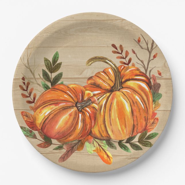 Rustic Fall Pumpkins Blätter Pappteller (Vorderseite)