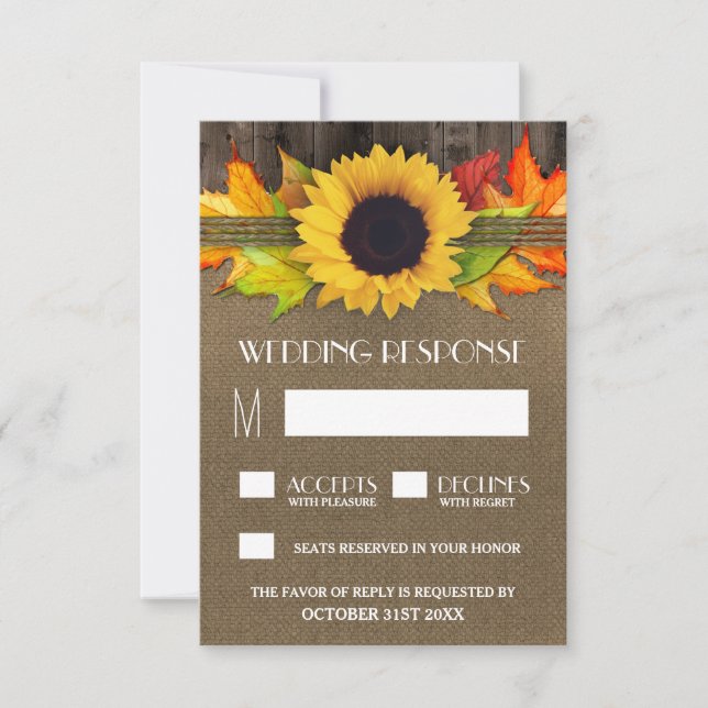 Rustic Fall Sunflower + Burlap Wedding RSVP Karten (Vorderseite)