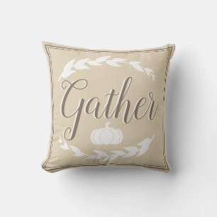 Rustic Fall Wheat Laurels & Pumpkin Gather Script Kissen